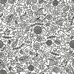Seamless hand drawn cat dreams pattern. Coloring page. Hand-drawn illustration. Perfect antistress. Flowers, fish, toys and other cats staff. Doodle style. Black and white contours.