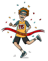 Teenager runner cross the finish line. Cartoon style. Marathon.