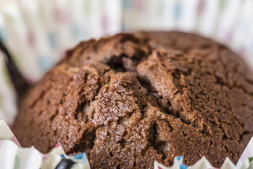 Tasty brown chocolate muffin close up still food texture