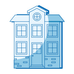 blue shading silhouette facade house of two floors with attic vector illustration