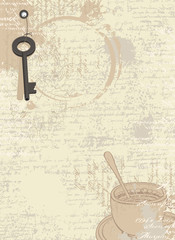 abstract coffee background with texture of manuscript and stains from cups, text and drawings of cup and key