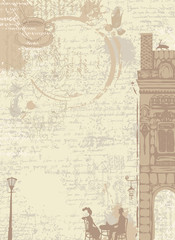 background texture with drops of coffee with drawings of houses in the old town and couple