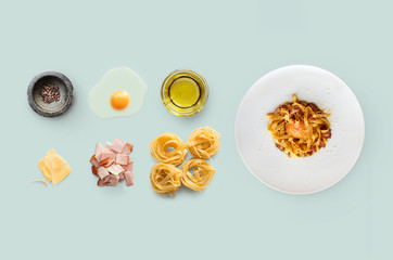Cooking ingredients for italian food, carbonara, isolated on blue