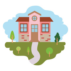 white background with colorful scene of natural landscape and small house facade vector illustration