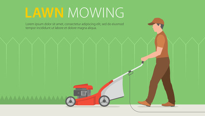 Man mowing the lawn with red lawn mower
