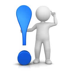 exclamation point exclamation mark blue 3d standing stick man pointing to head in thinking pose idea gesture