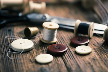 Sewing accessories on wooden