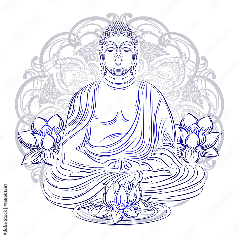 Wall mural buddha sitting in the lotus position with an illuminated face on the background of the mandala