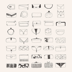Set of hand drawn vector clutches and purses isolated on beige background. Decorated handbags with different shapes and decoration metod. Sketch hand made illustration for shops and boutiques