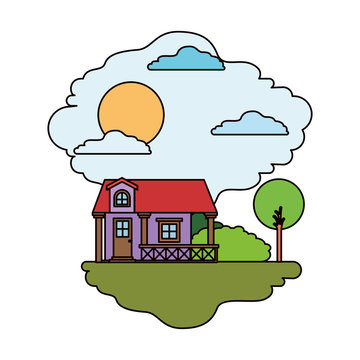 white background with colorful scene of natural landscape and facade house with railing and attic in sunny day vector illustration