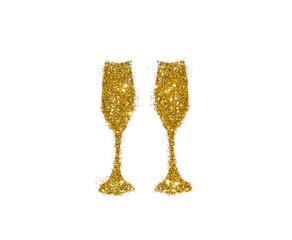 Two glasses of champagne of golden glitter on white background, icon for your design. © mila_1989