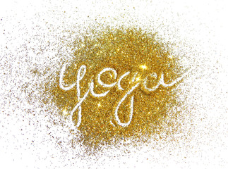 Word Yoga of golden glitter on white background