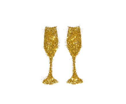 Two glasses of champagne of golden glitter on white background, icon for your design.
