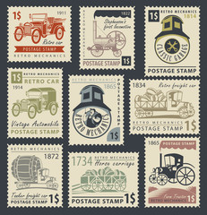 set of nine postage stamps on the theme of road and rail transport in retro style