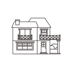 monochrome silhouette of house with two floors with balcony and chimney vector illustration