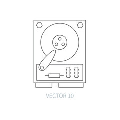 Flat line vector computer part icon - hard drive. Cartoon style. Illustration and element for your design. Simple. Monochrome. Pc collection. IT. Electronic computing systems. Server. Data. Chip. Hdd.