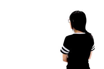 Woman watching blank wall space to put photo, Isolated young woman watching on white background.