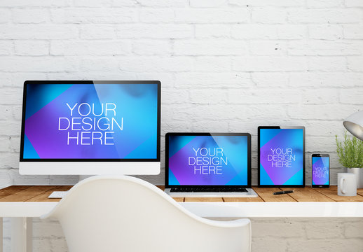 4 Devices on a Wooden Table Mockup 2