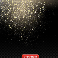 Naklejka na ściany i meble Vector illustration of a falling shiny golden glitters, confetti, sparks on a black background. Texture of falling golden sequins, foil