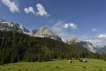Fototapeta na wymiar Alpine pasture with romantic hayricks in front of the Mieminger Kette mountain range near at lake Seebensee, Tyrol, Austria