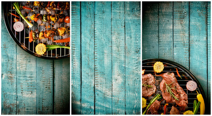 Top view of fresh meat and vegetable on grill placed on wooden planks, divided into frames. Barbecue, grill and food concept. Free space for text