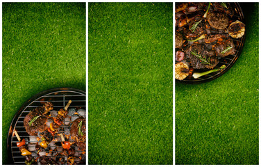 Top view of fresh meat and vegetable on grill placed on grass, divided into frames. Barbecue, grill and food concept. Free space for text