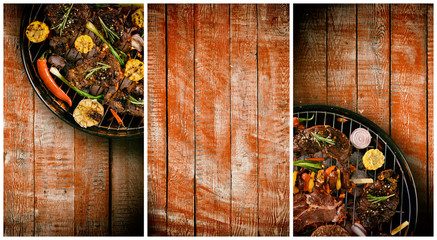 Top view of fresh meat and vegetable on grill placed on wooden planks, divided into frames. Barbecue, grill and food concept. Free space for text