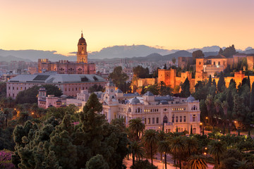 Aerial View of Malaga in the Evening, Malaga, Andalusia, Spain - obrazy, fototapety, plakaty