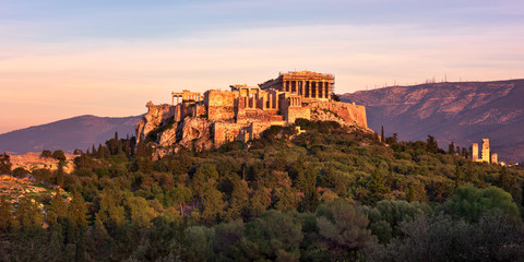 View of Acropolis from the Philopappos Hill in the Evening, Athens, Greece - obrazy, fototapety, plakaty
