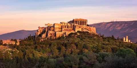 Schilderijen op glas View of Acropolis from the Philopappos Hill in the Evening, Athens, Greece © anshar73