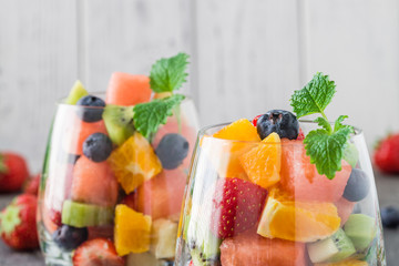 Fresh fruit salad in glass. Close up