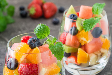 Fresh fruit salad in glass