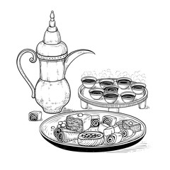 Vector sketch drawing ethnic Arabic cup and copper coffeepot, big plate East sweets. Illustration black and white items of the coffee ceremony. Engraving style.