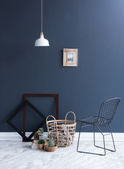 modern metal chair and home ornaments style dark blue wall concept