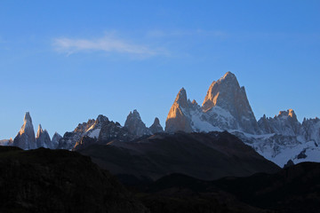 Fitz Roy and Cerro Torre mountainline at sunset, Los Glaciares National Park, El Challten, Patagonia, Argentina