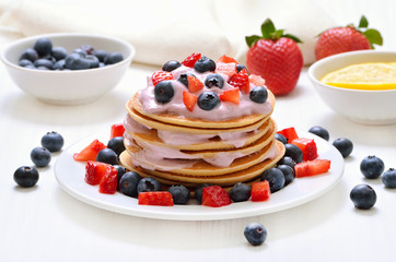 Pancakes with strawberry and blueberry