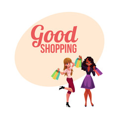 Poster, banner template with happy black and white girl, woman holding shopping bags, cartoon vector illustration. Poster, banner with happy black and white girls, women, friends holding shopping bags