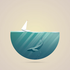 Fototapeta premium Summer holidays concept illustration with ocean view in some exotic location. Sailboat or yacht as symbol of traveling and adventure. Whale underwater. Polygonal style.