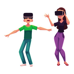 Boy and girl wearing virtual reality headsets, cartoon vector illustration isolated on white background. Girl and boy playing with virtual reality simulators, headsets together