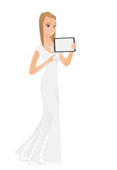 Caucasian fiancee holding a tablet computer. Full length of young fiancee pointing at the tablet computer. Fiancee with a tablet computer. Vector flat design illustration isolated on white background.