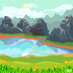 Lake, mountains, meadow with flowers