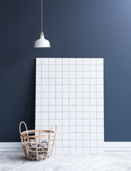 dark blue wall background with basket and white panel