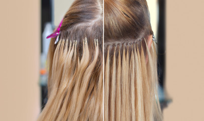 Photo before and after hair extensions to a young girl, a blonde in a beauty salon. Professional hair care.
