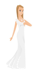 Disappointed caucasian fiancee with thumb down. Full length of young fiancee in white dress showing thumb down. Fiancee with thumb down. Vector flat design illustration isolated on white background.