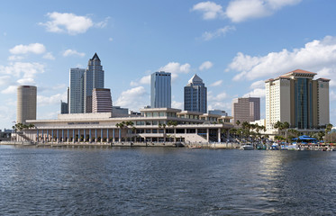 Fototapeta na wymiar The Convention Center in the waterfront area and skyline landscape of buildings in Tampa Florida USA. April 2017.