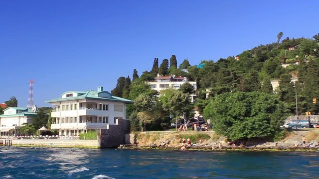 Panoramic view beautiful Bosphorus Coastline in Istanbul, Turkey. Bosphorus Tour boat helps visitors to enjoy the city from the water side