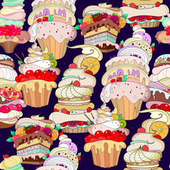 Vector Pattern. Illustration of fantastic pastries on a dark purple background