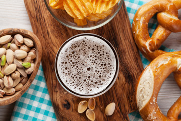Lager beer and snacks
