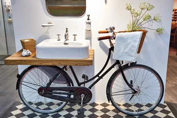 Fototapete Washbasin and retro bicycle in bathroom © Sergey Ryzhov