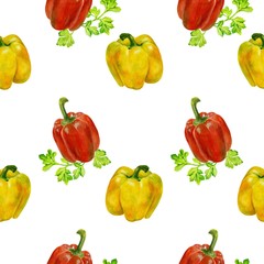 Seamless watercolor pattern with yellow and red peppers and parsley. background with bell peppers. Can be used for fabrics, textures, Wallpaper and paper.